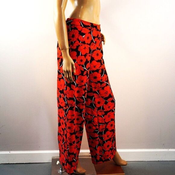 New York & Company Stretch Pants Wide Leg Poppy Flower Black Red Sz 0 Small - Picture 7 of 12